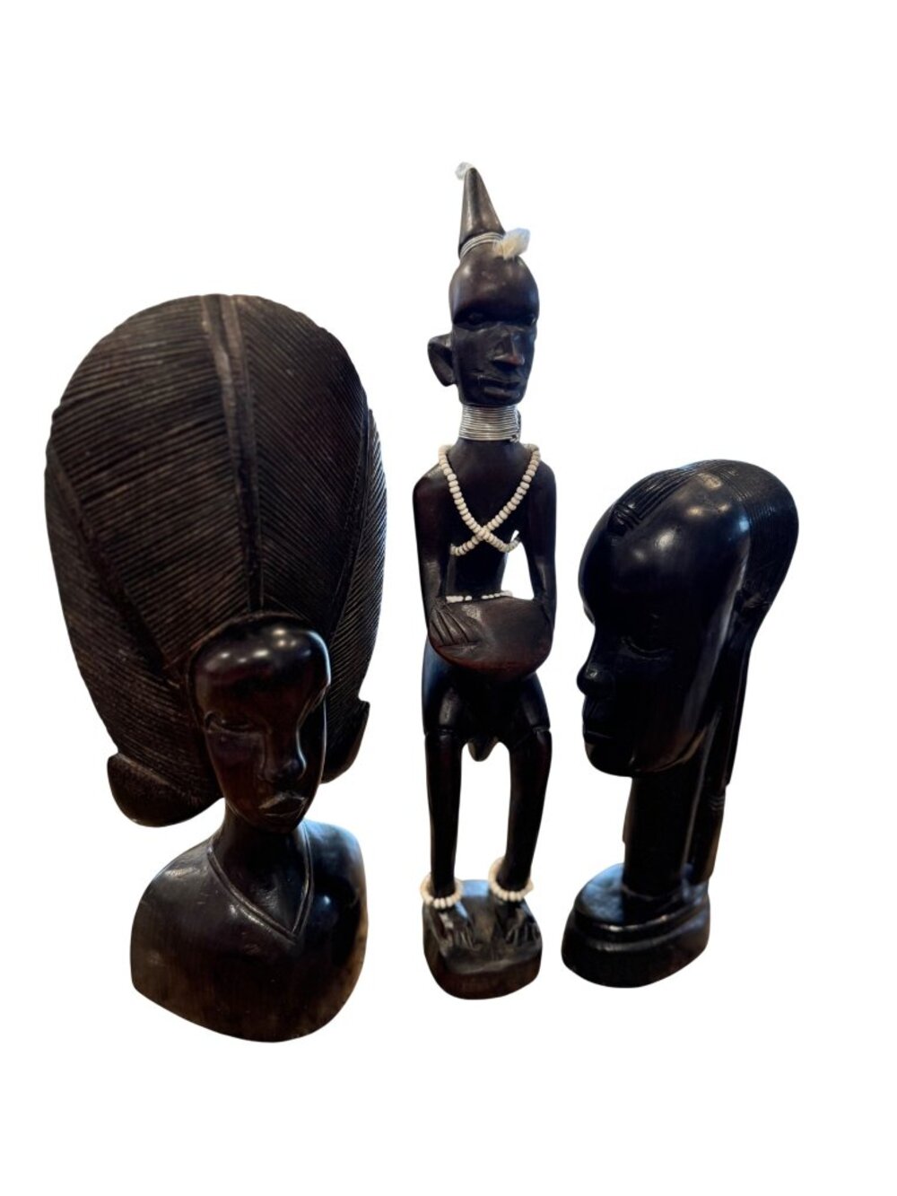 3 Hand-Carved African Women Ebony Wood Art Bust Kenya Unique Artisan Figurines